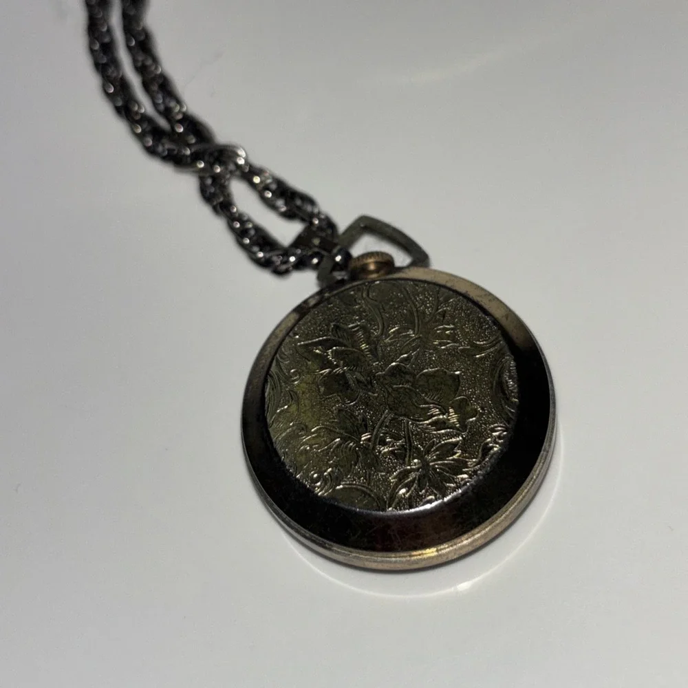 Vintage Alaron Pendant Watch Necklace Silver Tone Filigree Floral Sunburst Dial